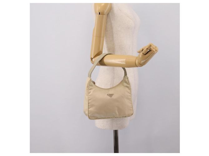 Bolsa de mão pochette PRADA Nylon Beige Silver Auth 206468A Prata Bege - vista 21