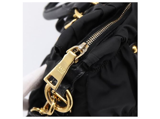 Bolso de mano fruncido PRADA Nylon 2way Negro Oro Auth BA16051A Dorado - vista 10