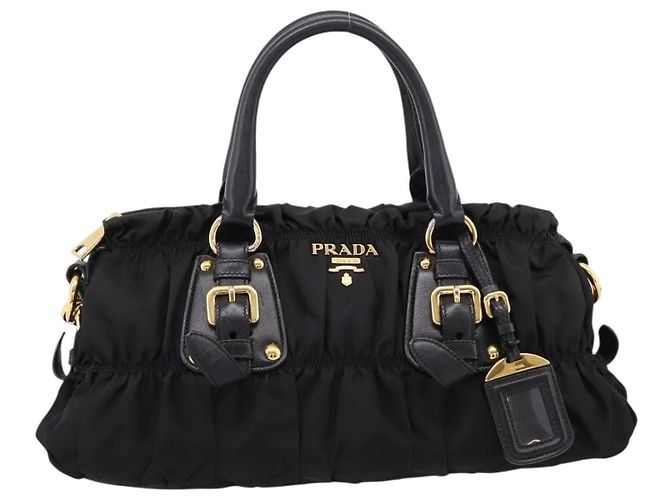 Bolso de mano fruncido PRADA Nylon 2way Negro Oro Auth BA16051A Dorado - vista 13