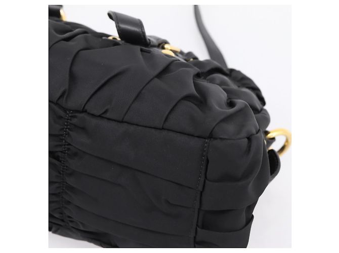 Bolso de mano fruncido PRADA Nylon 2way Negro Oro Auth BA16051A Dorado - vista 16