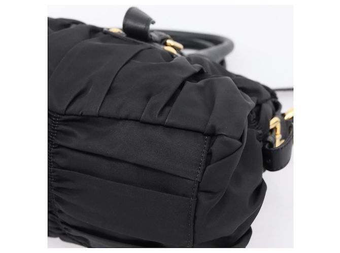 Bolso de mano fruncido PRADA Nylon 2way Negro Oro Auth BA16051A Dorado - vista 18