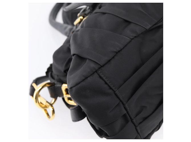 Bolso de mano fruncido PRADA Nylon 2way Negro Oro Auth BA16051A Dorado - vista 19