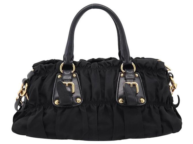 Bolso de mano fruncido PRADA Nylon 2way Negro Oro Auth BA16051A Dorado - vista 2