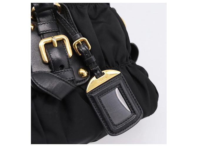 Bolso de mano fruncido PRADA Nylon 2way Negro Oro Auth BA16051A Dorado - vista 20