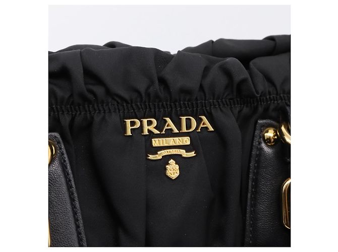 Bolso de mano fruncido PRADA Nylon 2way Negro Oro Auth BA16051A Dorado - vista 21