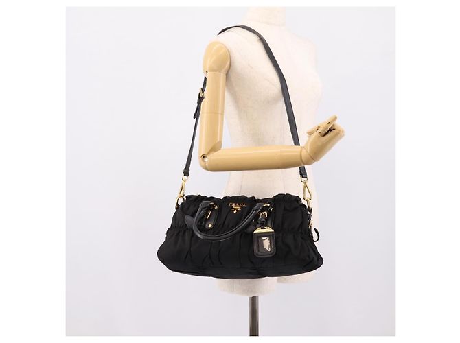 Bolso de mano fruncido PRADA Nylon 2way Negro Oro Auth BA16051A Dorado - vista 27