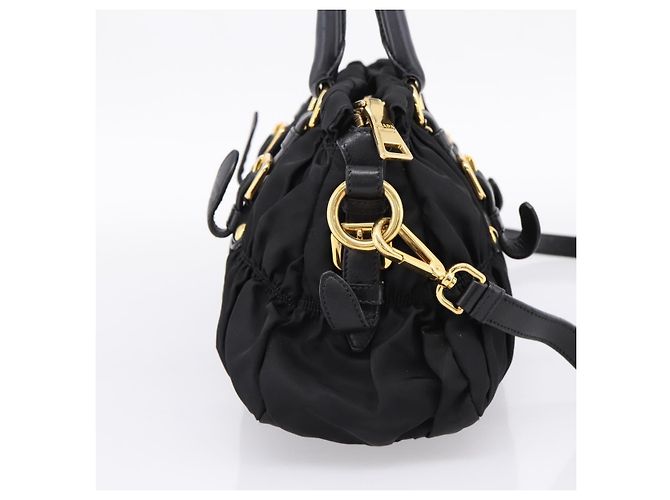 Bolso de mano fruncido PRADA Nylon 2way Negro Oro Auth BA16051A Dorado - vista 3
