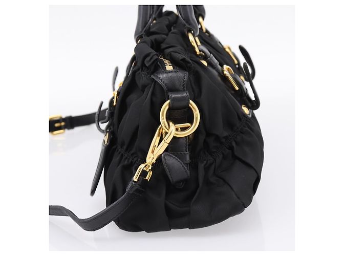 Bolso de mano fruncido PRADA Nylon 2way Negro Oro Auth BA16051A Dorado - vista 4