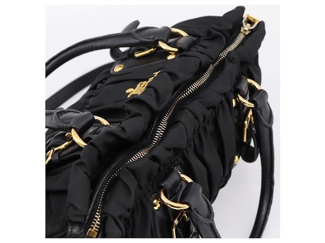 Bolso de mano fruncido PRADA Nylon 2way Negro Oro Auth BA16051A Dorado - vista 6
