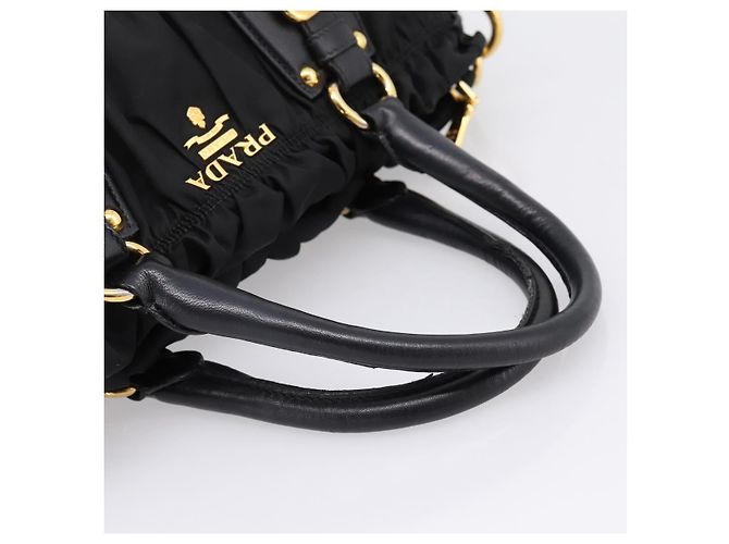 Bolso de mano fruncido PRADA Nylon 2way Negro Oro Auth BA16051A Dorado - vista 7