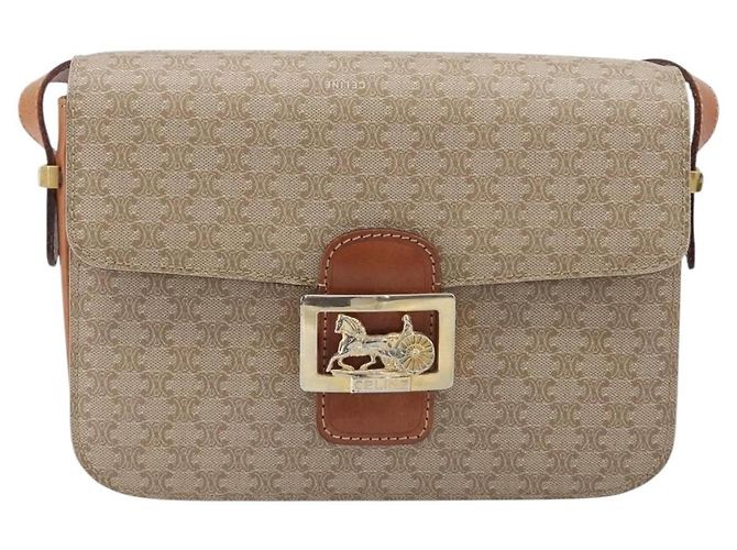 16 Céline Borsa a tracolla CELINE Macadam Canvas Horse Carriage PVC Beige Gold Auth 206923 D'oro - vista 13