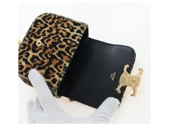 Céline Bolso de hombro con cadena CELINE Velor Beige Gold Auth LN061M Dorado - vista 20