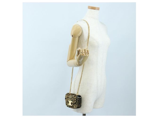 Céline Bolso de hombro con cadena CELINE Velor Beige Gold Auth LN061M Dorado - vista 26