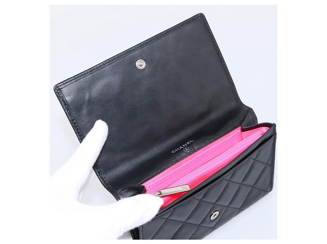 Portafoglio CHANEL Cambon Line Matelasse in pelle nera con CC argento Auth 205206A Nero - vista 8