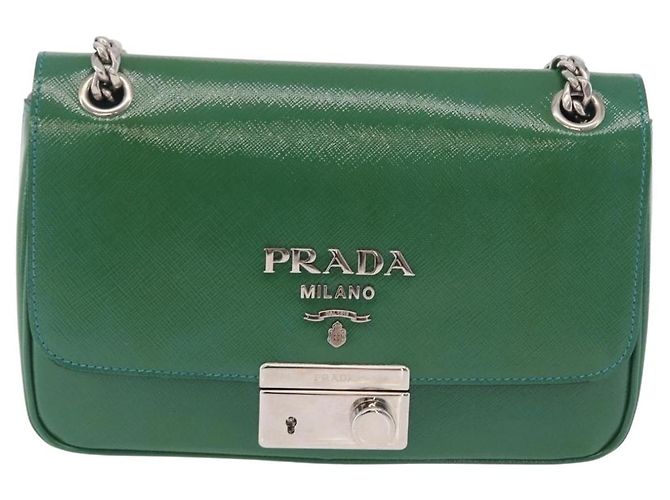 Saffiano Borsa a Tracolla con Catena PRADA Pelle Safiano Verde Argento Auth 207634V - vista 13