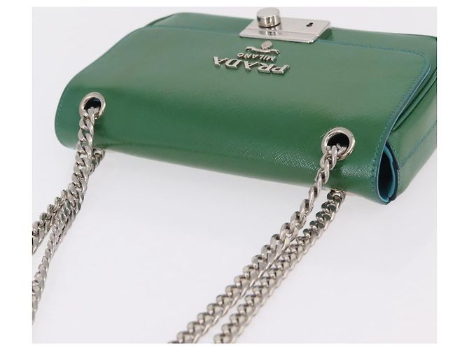Saffiano Borsa a Tracolla con Catena PRADA Pelle Safiano Verde Argento Auth 207634V - vista 14