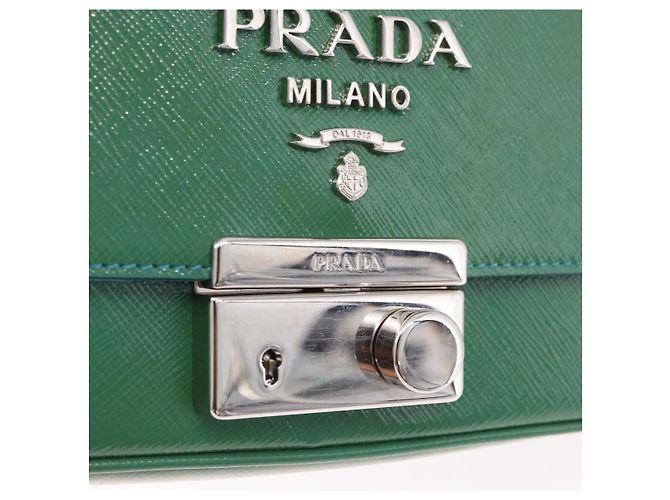 Saffiano Borsa a Tracolla con Catena PRADA Pelle Safiano Verde Argento Auth 207634V - vista 20