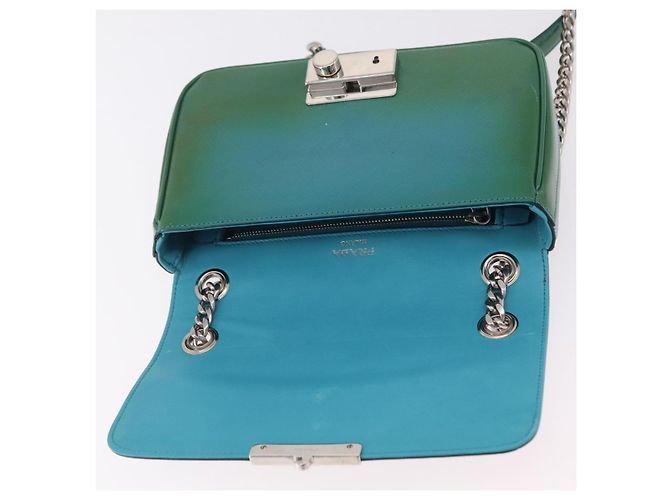 Saffiano Borsa a Tracolla con Catena PRADA Pelle Safiano Verde Argento Auth 207634V - vista 22