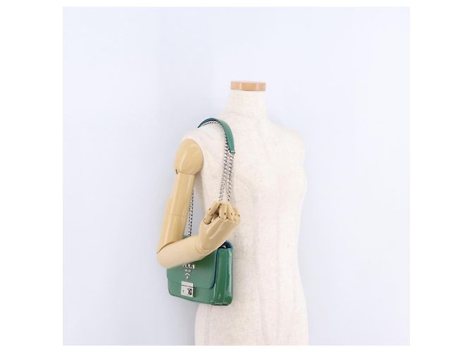 Saffiano Borsa a Tracolla con Catena PRADA Pelle Safiano Verde Argento Auth 207634V - vista 31