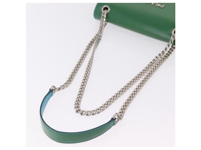Saffiano Borsa a Tracolla con Catena PRADA Pelle Safiano Verde Argento Auth 207634V - vista 6