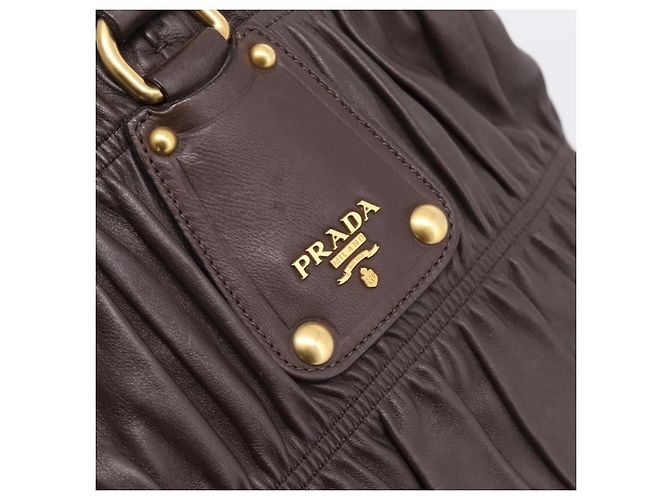 Borsa a mano raccolta PRADA in pelle 2way Dark Brown Gold Auth BA16047A D'oro Marrone scuro - vista 20