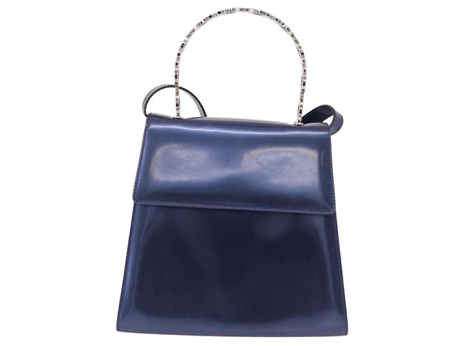 Borsa Salvatore Ferragamo Gancini Pelle verniciata 2way Navy Silver Auth 206330A Argento Blu navy - vista 13