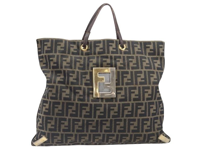 Borsa Tote FENDI Zucca Canvas Marrone Tono Oro Auth 206681 - vista 13