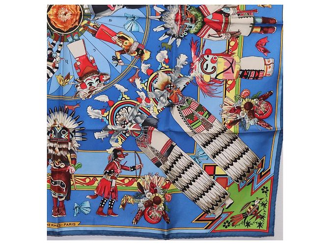 Hermès HERMES Pañuelo Carré 90 Seda Azul Rojo "KACHINAS" Auth ki6872M Roja - vista 10