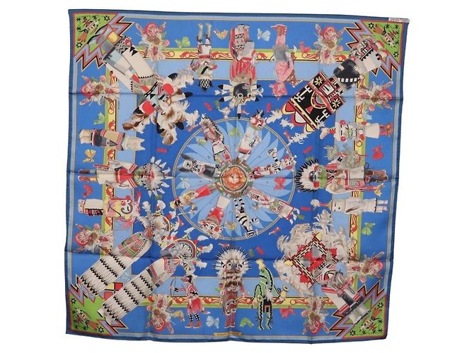 Hermès HERMES Pañuelo Carré 90 Seda Azul Rojo "KACHINAS" Auth ki6872M Roja - vista 13