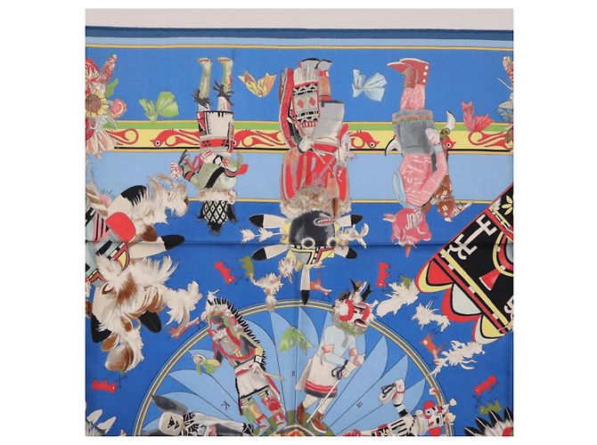 Hermès HERMES Pañuelo Carré 90 Seda Azul Rojo "KACHINAS" Auth ki6872M Roja - vista 15