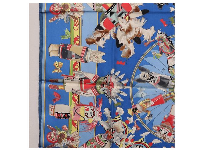 Hermès HERMES Pañuelo Carré 90 Seda Azul Rojo "KACHINAS" Auth ki6872M Roja - vista 17