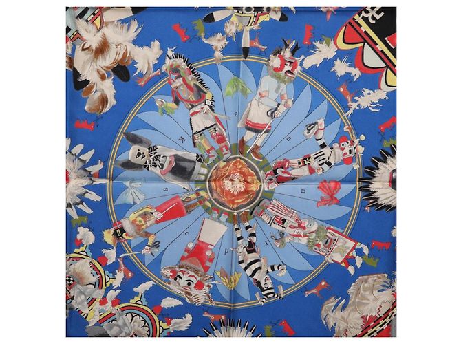 Hermès HERMES Pañuelo Carré 90 Seda Azul Rojo "KACHINAS" Auth ki6872M Roja - vista 18