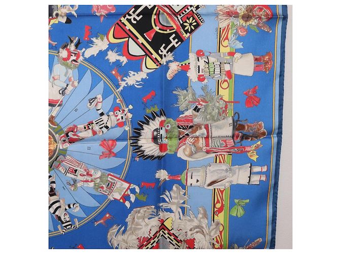 Hermès HERMES Pañuelo Carré 90 Seda Azul Rojo "KACHINAS" Auth ki6872M Roja - vista 19