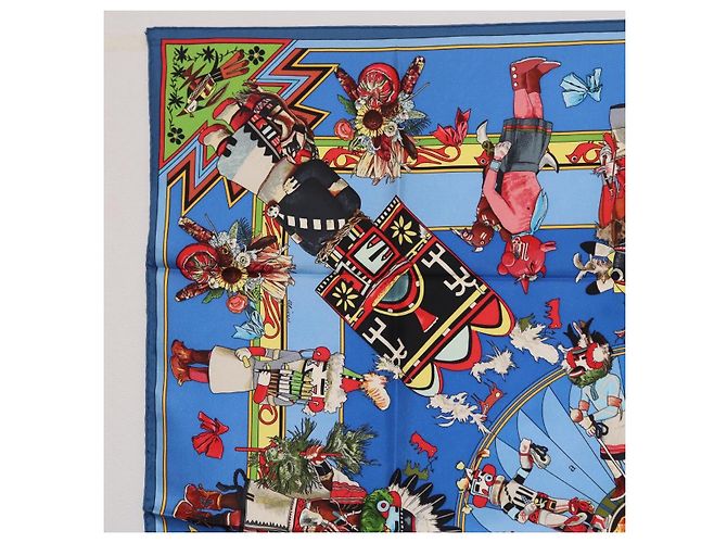 Hermès HERMES Pañuelo Carré 90 Seda Azul Rojo "KACHINAS" Auth ki6872M Roja - vista 2