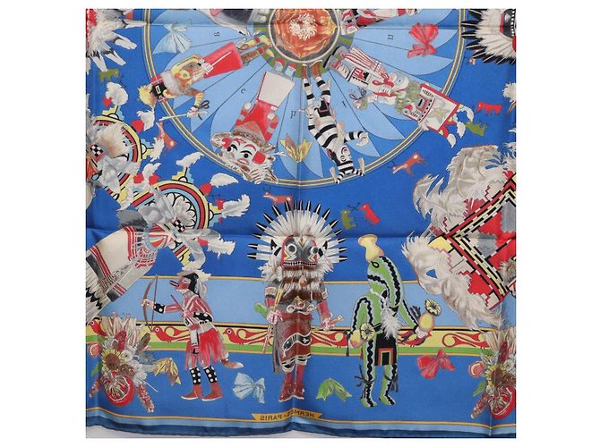 Hermès HERMES Pañuelo Carré 90 Seda Azul Rojo "KACHINAS" Auth ki6872M Roja - vista 21