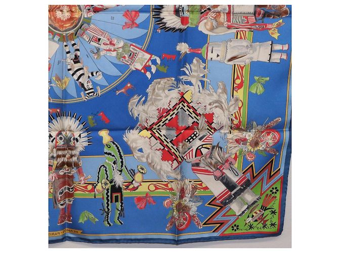 Hermès HERMES Pañuelo Carré 90 Seda Azul Rojo "KACHINAS" Auth ki6872M Roja - vista 22