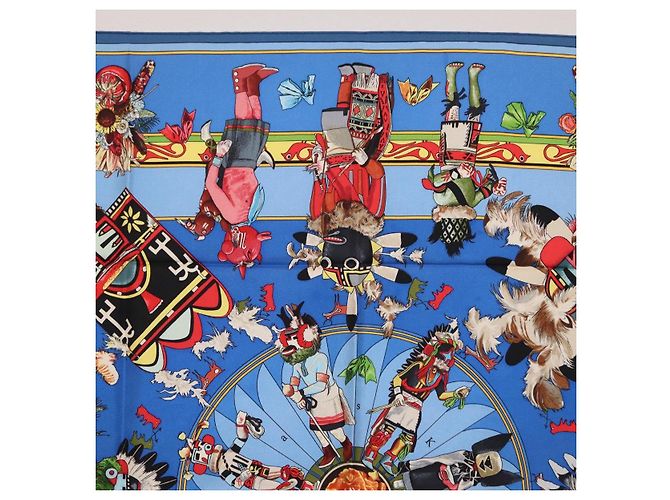 Hermès HERMES Pañuelo Carré 90 Seda Azul Rojo "KACHINAS" Auth ki6872M Roja - vista 3