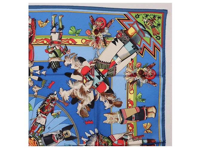 Hermès HERMES Pañuelo Carré 90 Seda Azul Rojo "KACHINAS" Auth ki6872M Roja - vista 4
