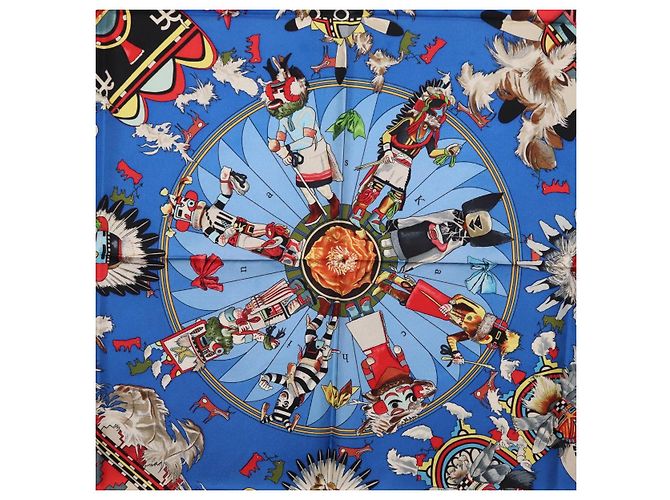 Hermès HERMES Pañuelo Carré 90 Seda Azul Rojo "KACHINAS" Auth ki6872M Roja - vista 6