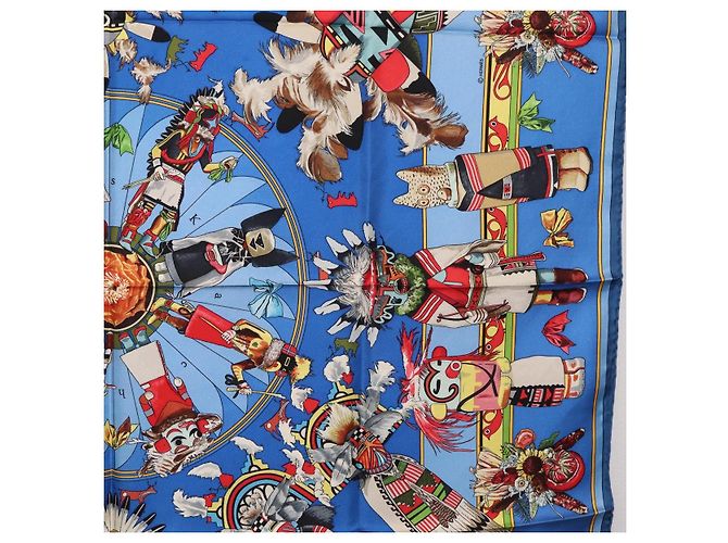 Hermès HERMES Pañuelo Carré 90 Seda Azul Rojo "KACHINAS" Auth ki6872M Roja - vista 7