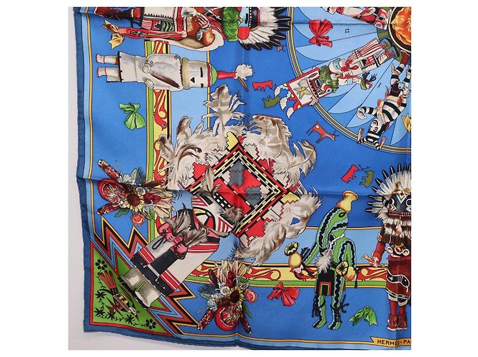 Hermès HERMES Pañuelo Carré 90 Seda Azul Rojo "KACHINAS" Auth ki6872M Roja - vista 8