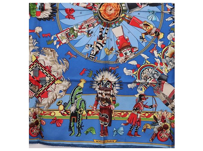 Hermès HERMES Pañuelo Carré 90 Seda Azul Rojo "KACHINAS" Auth ki6872M Roja - vista 9