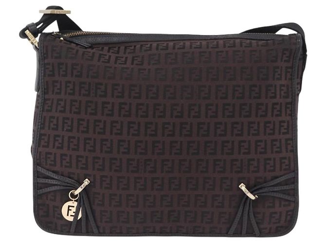 Borsa a tracolla FENDI Zucchino Canvas Marrone Scuro Gold Auth 206775A D'oro - vista 13