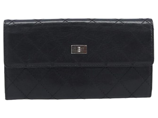 Portafoglio lungo CHANEL 2.55 Matelassé in pelle nera con CC argento Auth 205240V Nero - vista 13