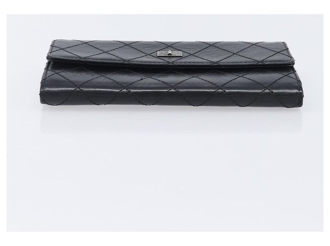 Portafoglio lungo CHANEL 2.55 Matelassé in pelle nera con CC argento Auth 205240V Nero - vista 6