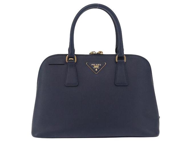 Saffiano Sac à main PRADA cuir Safiano Navy Gold Auth 202507A Doré Bleu Marine - vue 13