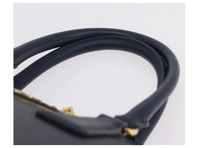 Saffiano Sac à main PRADA cuir Safiano Navy Gold Auth 202507A Doré Bleu Marine - vue 14