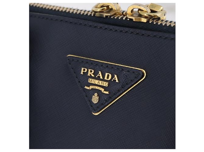 Saffiano Sac à main PRADA cuir Safiano Navy Gold Auth 202507A Doré Bleu Marine - vue 18