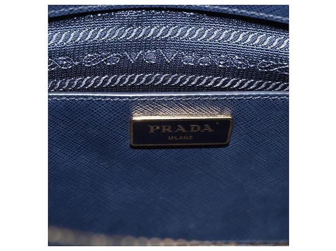 Saffiano Sac à main PRADA cuir Safiano Navy Gold Auth 202507A Doré Bleu Marine - vue 20