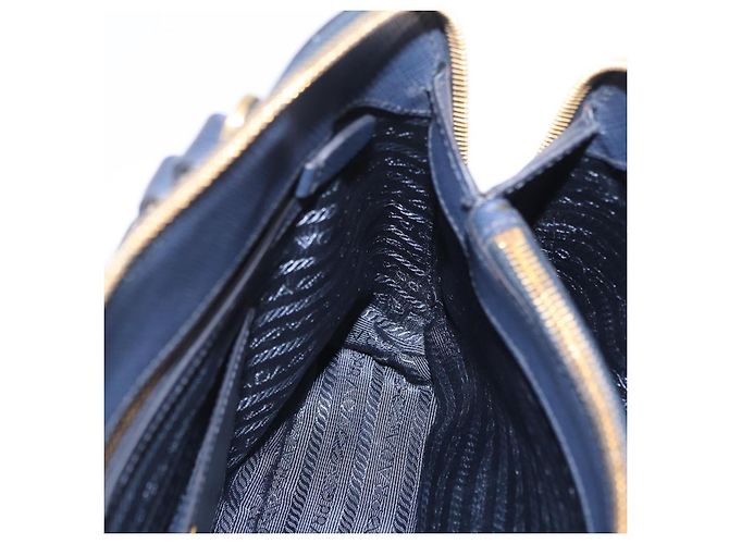 Saffiano Sac à main PRADA cuir Safiano Navy Gold Auth 202507A Doré Bleu Marine - vue 21